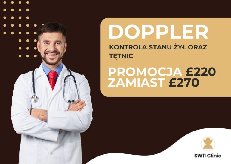 Uśmiechnięty lekarz w białym fartuchu, czerwonym krawacie i ze stetoskopem na szyi obok baneru oferta promocyjna