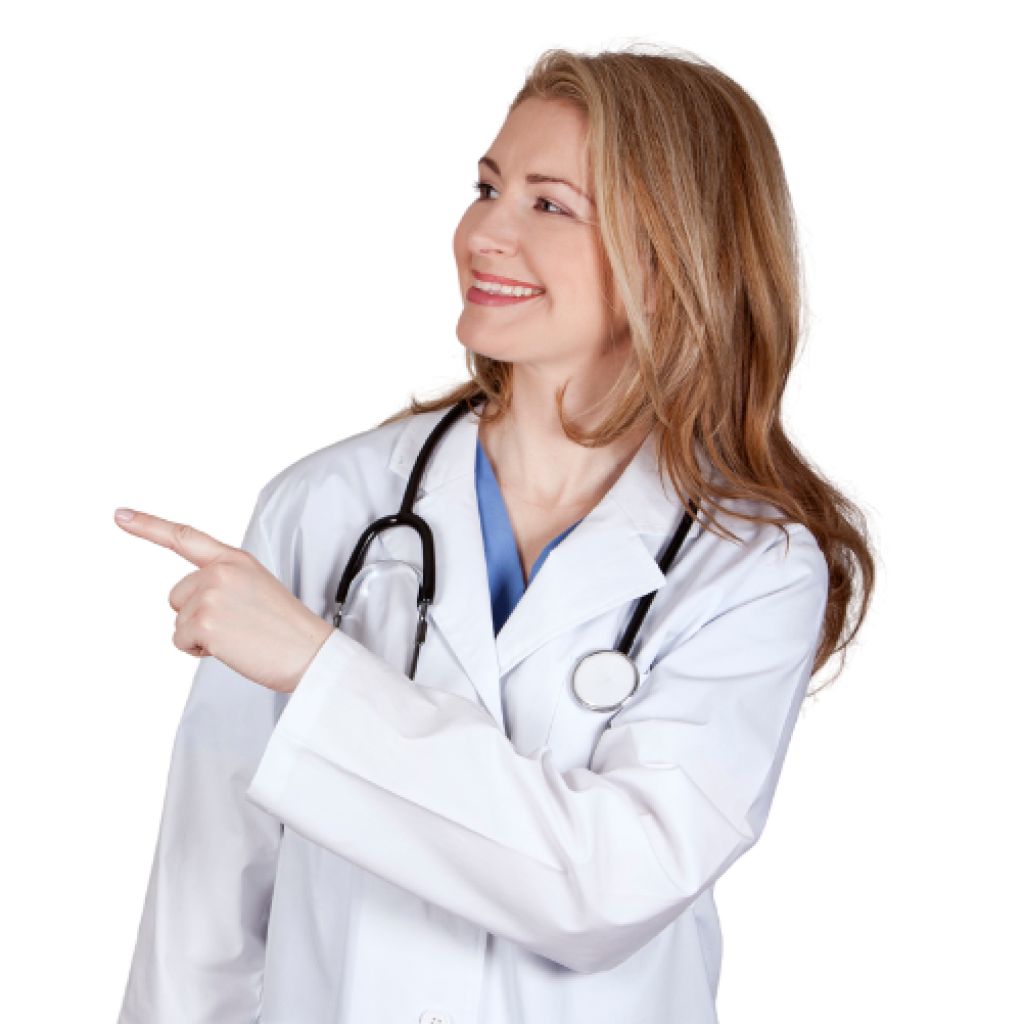 Uśmiechnięta lekarka w białym fartuchu i ze stetoskopem na szyi wskazuje palcem w bok