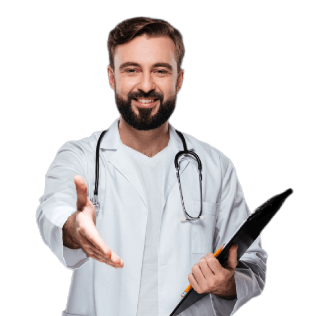 Lekarz w białym fartuchu i ze stetoskopem wyciągający rękę w stronę obiektywu